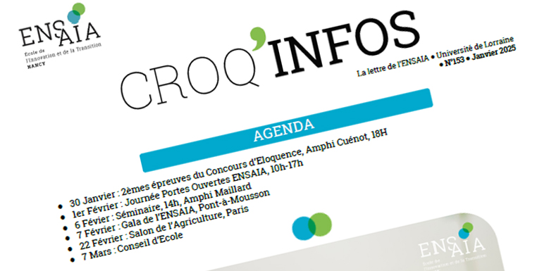 🗞️Croq'Infos, l'infolettre de l'ENSAIA, est paru
Au sommaire du N° de Janvier : sur le podium d'Usine Nouvelle, collaboration renforcée avec St Hubert, 10 ans de transition à la Bouzule, le concours Agrovalor des lycées agricoles...
👉bit.ly/3BEUfDJ