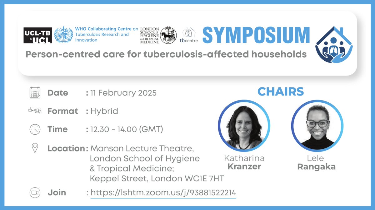 Join our "Person-Centred Care for TB-affected Households" hybrid symposium ucl.ac.uk/tb/person-cent… #tuberculosis
- Tues 11 Feb 2025, 1230-1400 GMT 
- No pre-registration needed