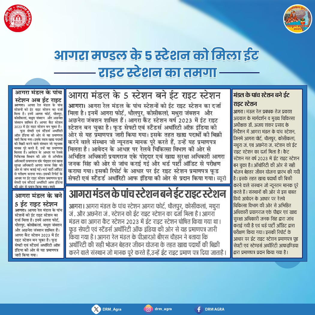 आगरा मण्डल के 5 स्टेशनो को मिला ईट राईट का दर्जा |