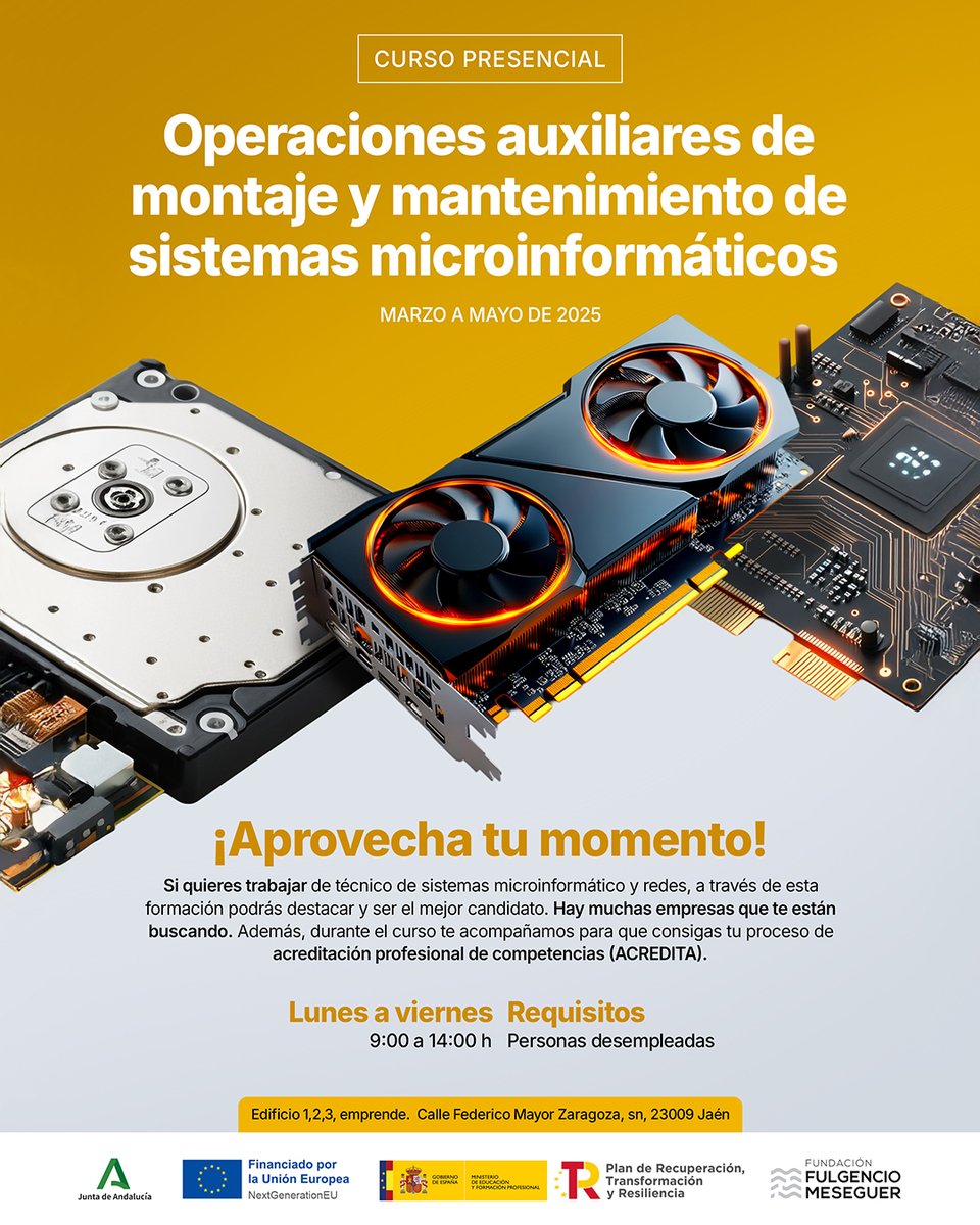 🎓 Curso de Operaciones Auxiliares de Montaje y Mantenimiento de Sistemas Microinformáticos 🖥️

🚀 Si estás desempleado y te interesa trabajar como técnico de sistemas microinformáticos y redes, esta es tu oportunidad. Hay muchas empresas que buscan perfiles como el tuyo.