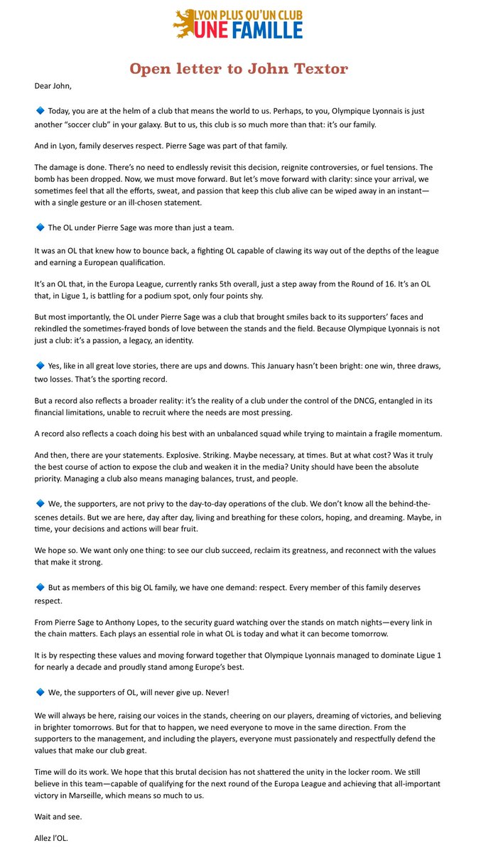 LyonUF's tweet image. ✍🏼 LETTRE OUVERTE À JOHN TEXTOR :

Après consultation de plusieurs membres de la communauté OL, nous avons pris l’initiative d’écrire cette lettre à l’attention de John #Textor.

Nous prenons acte de la décision de licencier Pierre #Sage au profit de Paulo #Fonseca, mais nous…