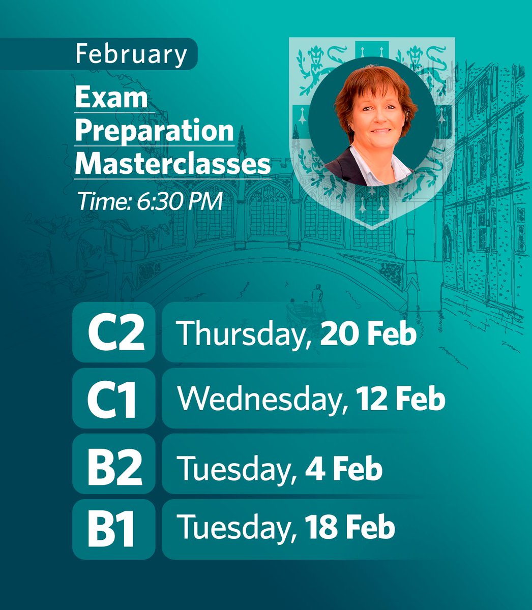 ExamsMadrid's tweet photo. 🎓 ¡Prepárate para tu examen de #CambridgeEnglish con nuestras Masterclasses! 🏆
Con la experta Anne Robinson:
📌 Descubre el formato del examen.
🔑 Consejos clave para el día del examen.
¡No te lo pierdas! 💪📖 #B1Preliminary #B2First #C1Advanced #C2Proficiency https://t.co/0lh42gq66Y