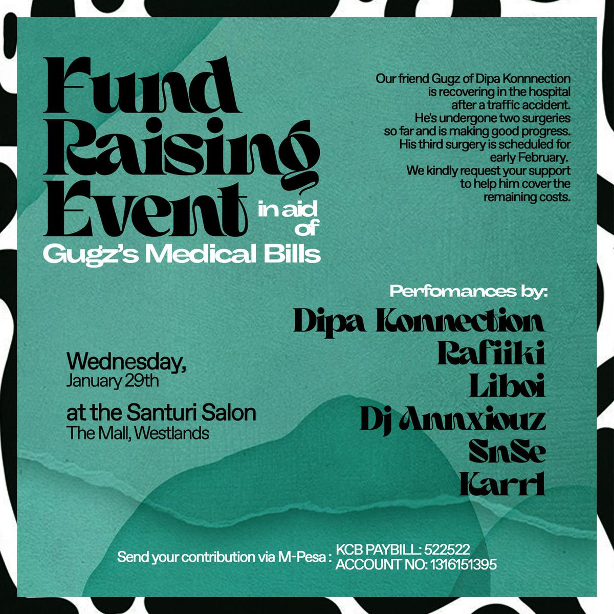 Gugz, drummer wa <a href="/DIPAKONNECTION/">Lavingi-Lavanga</a> was involved in an accident hapo December 
Tomorrow there will be an event cum fundraising towards his bills

📍Santuri salon, The Mall Westlands

The line up is dope dope

You can also channel your contributions via the details on the poster