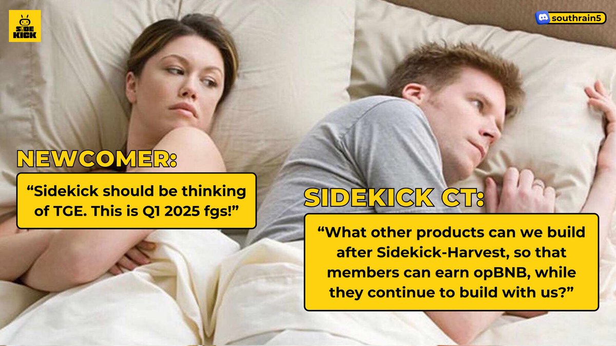 s5roriginal's tweet photo. I created this meme, to remind us, all members alike, that @Sidekick_Labs is really interested jn enabling the community, to gain more, by showing ways for us to earn, and still building more ways. That's a goal!
TGE is just a side attraction.
@Sidekick_Intern
#SidekickMeme https://t.co/9Sn8REwSug