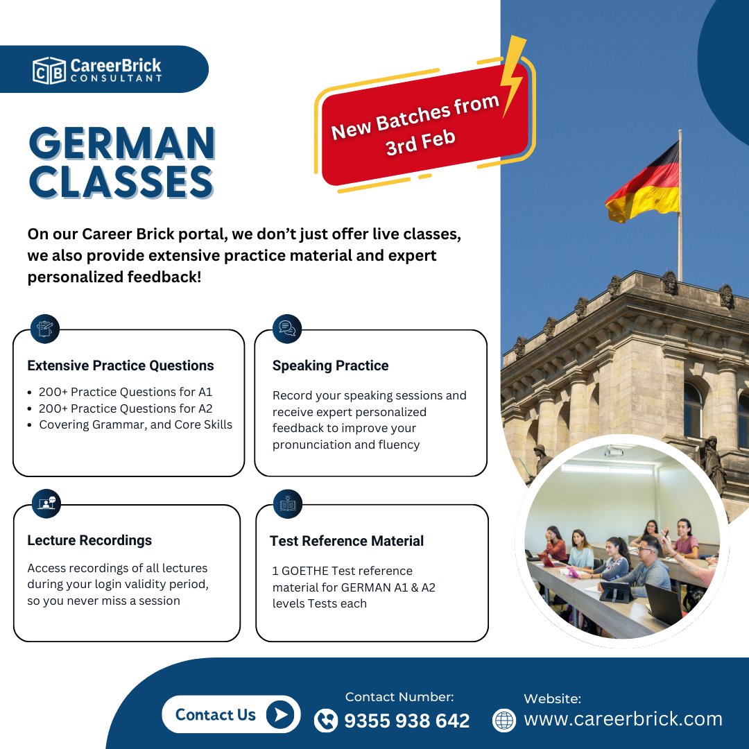 career_brick's tweet image. Mark your calendars!
Our next German Language Batch kicks off on 3rd Feb. From basics to fluency, we’ve got you covered.
Contact: +919355938642
#germanclasses #german #newbatch #germanlanguage #germancoaching #germanlanguagecoaching #classes #learngerman #languageclasses