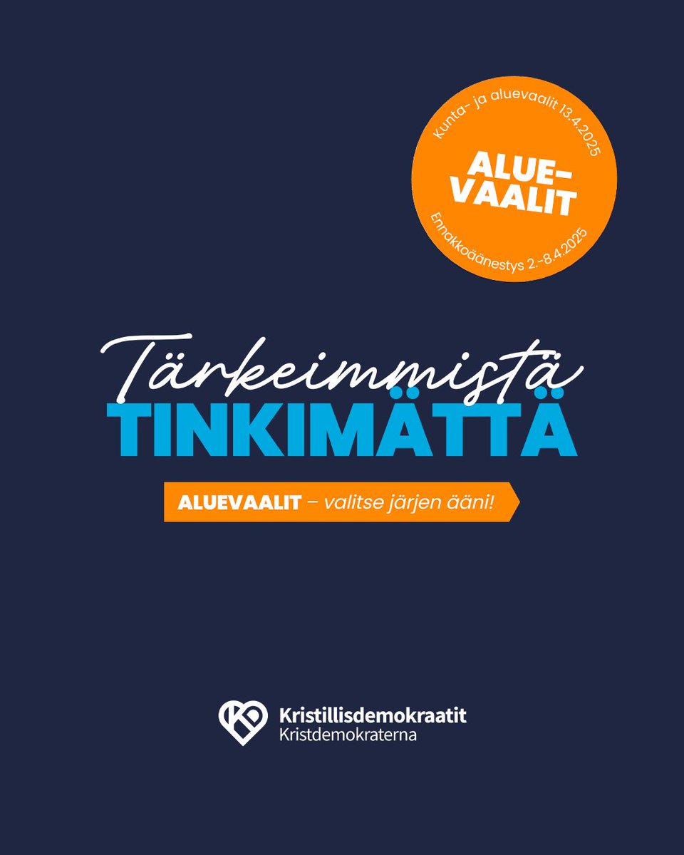 Kristillisdemokraatit julkaisivat puolueenpuheenjohtajan Sari Essayah’n johdolla tänään puolueen kunta- ja aluevaaliohjelmansa sekä kevään vaalien vaali-ilmeensä. Vaaleihin lähdetään teemalla ”Tärkeimmistä tinkimättä”.

Tutustu ohjelmiin kd.fi! 💙

#kdpuolue