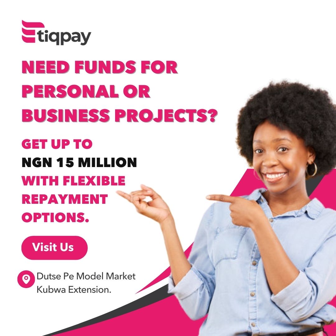 tiqpay's tweet image. Get up to NGN 15 MILLION with flexible repayment options!

📍 Visit us today at Dutse Pe Model Market, Kubwa Extension, and let’s make your dreams a reality.

#TiqPay #BusinessFunding #PersonalProjects