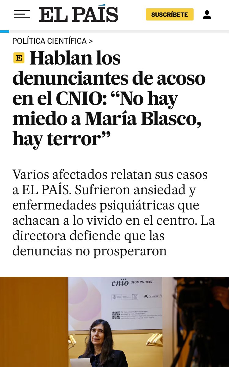 “Aunque les diera pena, no hubieran hecho nada. Nunca me he arrepentido de no denunciar. No había ningún tipo de garantía. Y encima sabía que me quería echar”.

Así funciona esto:
Para prosperar, debes callar.
Si denuncias, estás fuera.
Nadie te protegerá.
elpais.com/ciencia/2025-0…