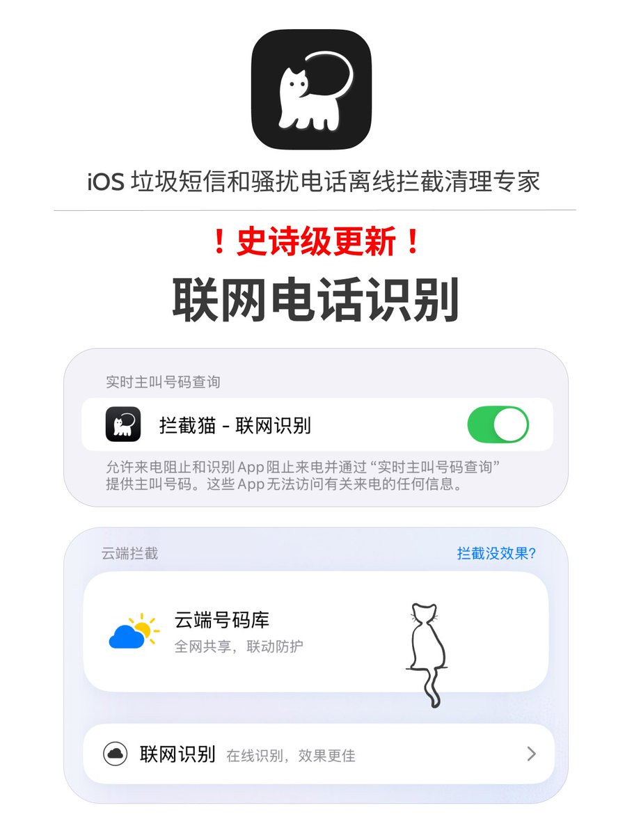 👉过年无休，拦截猫最强版本来袭（国内目前唯一一款支持联网功能的拦截APP），联网功能已经上线， ios18.2 +才可以使用。  ⚠️注意：联网识别免费开放，目前为实验功能，无法保证稳定性。 祝各位股东新年快乐٩(๑^o^๑)۶🧨