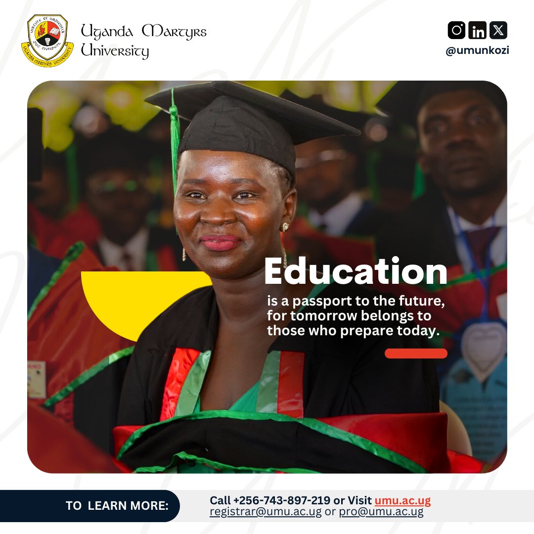 Uganda Martyrs University (@umunkozi) on Twitter photo Every step counts toward a brighter tomorrow.
Choosing the right education partner is one of the most important steps toward a successful future.
📞 Call us today at +256-743-897-219
📧 Email: pro@umu.ac.ug / registrar@umu.ac.ug
#EducationForAll #EducationWithValues #UMUNkozi Every step counts toward a brighter tomorrow.
Choosing the right education partner is one of the most important steps toward a successful future.
📞 Call us today at +256-743-897-219
📧 Email: pro@umu.ac.ug / registrar@umu.ac.ug
#EducationForAll #EducationWithValues #UMUNkozi