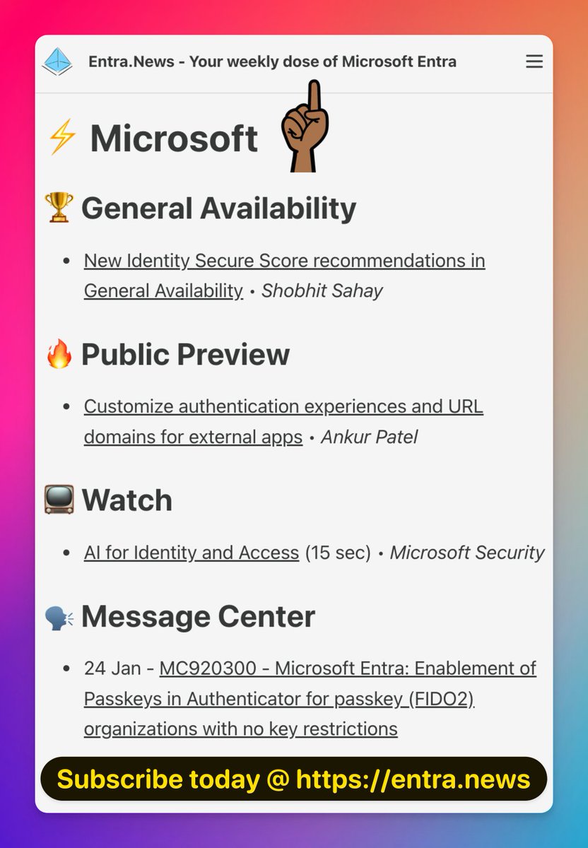 Merill Fernando (@merill) on Twitter photo 👋 Have you caught up on the weekly dose of Entra news?
✅ Read the latest at entra.news/p/entra-news-8…
Featuring: <a href="/12Knocksinna/">Tony Redmond</a>, <a href="/andresbohren/">Andres Bohren 🇨🇭</a>, <a href="/Christian_Frohn/">Christian Frohn</a>, <a href="/DanielatOCN/">Daniel Bradley</a>, <a href="/dean_ellerby/">Dean Ellerby MVP</a>, <a href="/ellishlomo/">Elli Shlomo (IR)</a>, <a href="/JulianRasmussen/">Julian Rasmussen | MVP</a>, <a href="/msftsecurity/">Microsoft Security</a>, <a href="/PrajwalDesai/">Prajwal Desai</a>, <a href="/rbrayb/">Rory Braybrook</a> plus more 👋 Have you caught up on the weekly dose of Entra news?
✅ Read the latest at entra.news/p/entra-news-8…
Featuring: <a href="/12Knocksinna/">Tony Redmond</a>, <a href="/andresbohren/">Andres Bohren 🇨🇭</a>, <a href="/Christian_Frohn/">Christian Frohn</a>, <a href="/DanielatOCN/">Daniel Bradley</a>, <a href="/dean_ellerby/">Dean Ellerby MVP</a>, <a href="/ellishlomo/">Elli Shlomo (IR)</a>, <a href="/JulianRasmussen/">Julian Rasmussen | MVP</a>, <a href="/msftsecurity/">Microsoft Security</a>, <a href="/PrajwalDesai/">Prajwal Desai</a>, <a href="/rbrayb/">Rory Braybrook</a> plus more