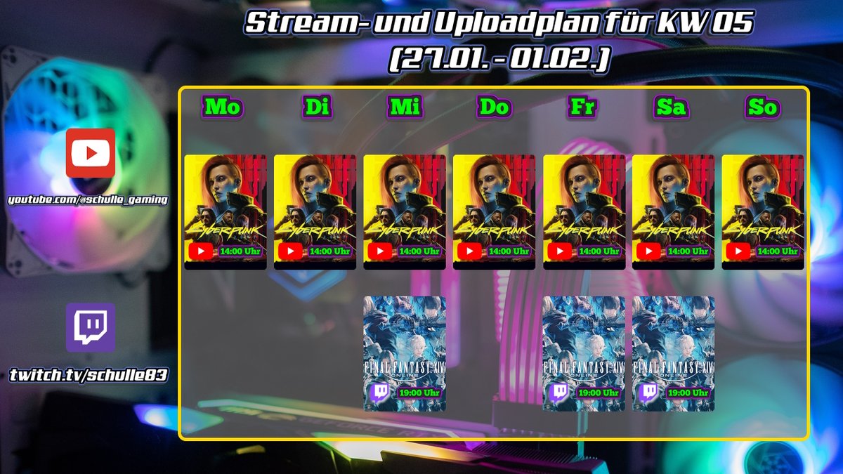 Ganz vergessen:

Hier ist noch mein Stream- und Uploadplan für die aktuelle Kalenderwoche.

#twitchstreamer #YouTube #FinalFantasy