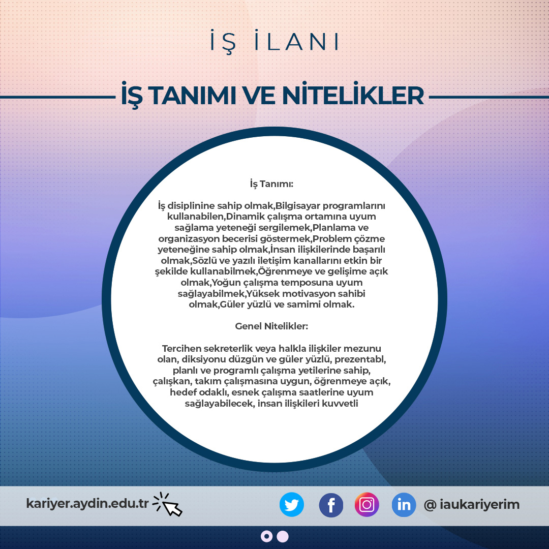 🎉Kanada Kültür ve Eğitim Merkezi- İş İlanı
📷 Başvuru için belirtilen mail adresine cv’lerinizi gönderebilirsiniz.
@iaukampus
<a href="/iausem/">İAÜ SEM</a>
<a href="/iaumedofficial/">İAÜMED</a>