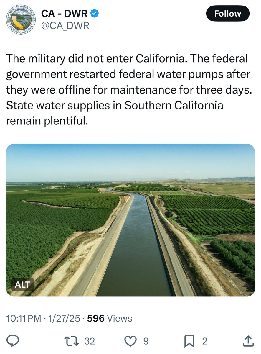 sherlyholmes's tweet photo. “The military did not enter California,” the state water agency @CA_DWR says, 

In response to President Trump’s post saying the military turned the water on in California https://t.co/cVv5G1I6u9