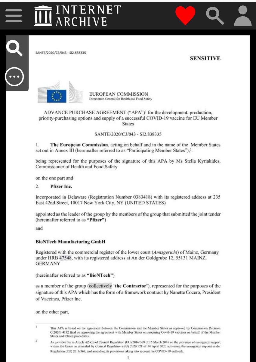 Der Vertrag zwischen der #EU-Kommission und #Pfizer ist nun öffentlich. Und wir haben erst Tag 8 der Präsidentschaft von #DonaldTrump. Jetzt sollte geprüft werden, ob #UrsulaVonDerLeyen zur Rechenschaft gezogen werden muss. #Corona #Freiheit 
archive.org/details/contra…