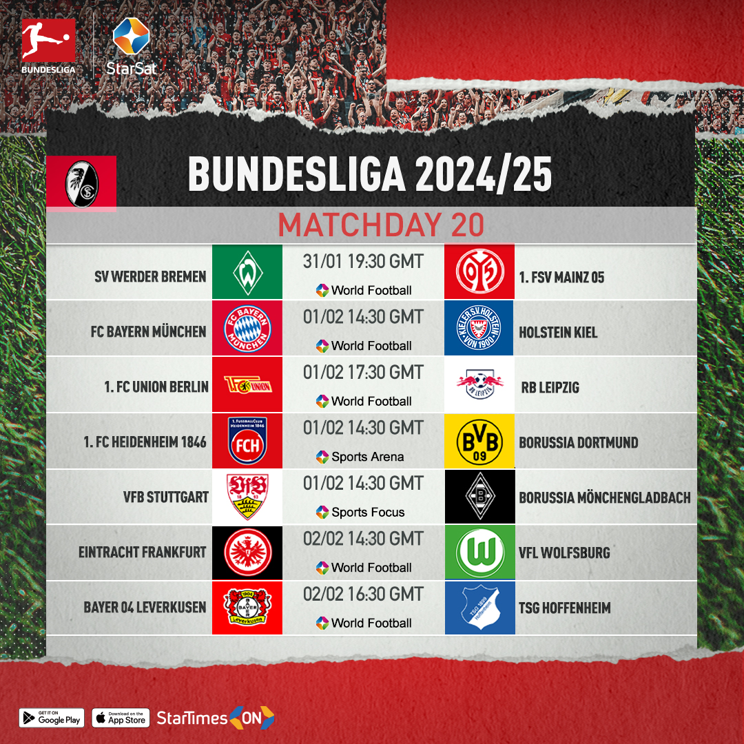 starsat_mw's tweet photo. The Match Day 20 of Bundesliga will take place from 31st January to 2nd February.
Catch all the football action live on starsat. To discover more StarTimes highlights, please explore our website at https://t.co/TT7gkubHHQ.
StarSat Sports #starsat #Bundesliga https://t.co/R7GWpf3OF4