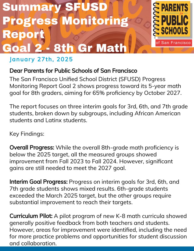 ppssf's tweet photo. SFUSD Progress Update: Dr. Marrero's summary highlights progress on our district's math goals, particularly focusing on new curriculum implementation, targeted tutoring support (Wyzant), and ongoing teacher professional development. #PPSSF #MathEducation #ParentUpdate https://t.co/Wjgnfn9Q49