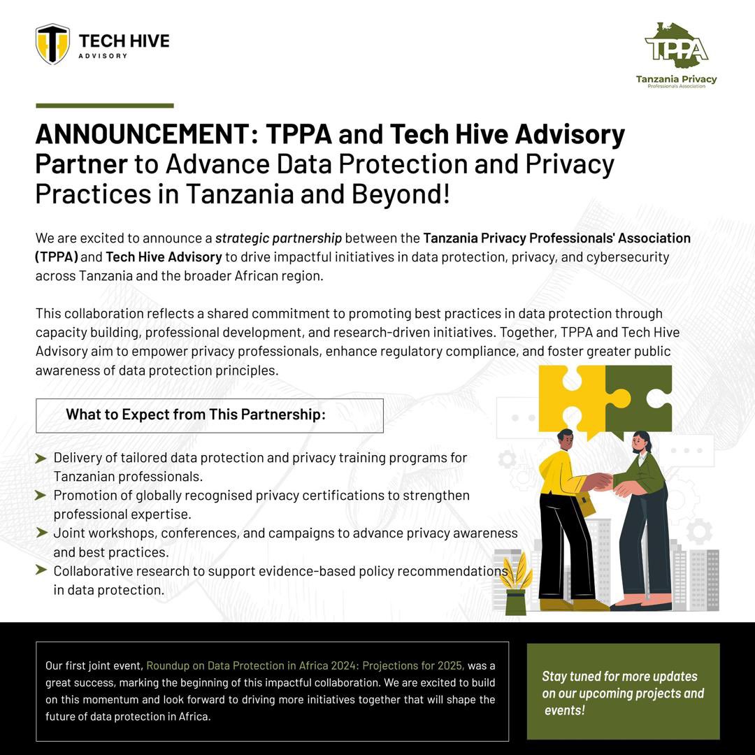 TanzaniaPPA's tweet photo. A groundbreaking partnership with Tech Hive aims to enhance privacy practices in Tanzania through training, research, advocacy, and innovation.
#tppa #dataprivacytz #DataProtectionweek #DataPrivacyWeek https://t.co/bpBzTp2fQt