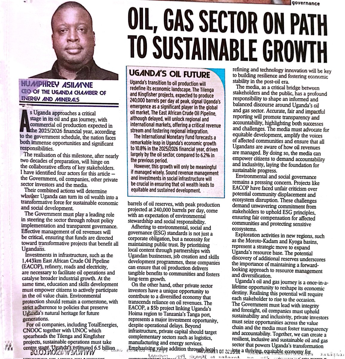 UgandaChamber's tweet photo. Uganda's oil & gas sector is on the path to sustainable growth. 🌍 After nearly two decades of preparation, success hinges on collaboration among government, oil companies, private investors & media. Robust policy implementation & transparent governance are key. ~ CEO, Uganda Chamber of Energy & Minerals. #PolicyMatters #UgandaOilAndGas
@humfas @MEMD_Uganda
@ERA_Uganda
@CNOOCUgandaLtd 
@PAU_Uganda 
@Tembosteelsug 
@DaphineSiima 
@pwatchug
@UgParliament
@GovUganda 
@NankabirwaRS 
@uetcl 
@UEDCLTD 
@IECUganda 
@kirunda_faruk 
@MwasuzeMutya 
@babatvuganda 
@muyangalutaaya 
@IbandaSamuel22 
@macua_sa 
@
