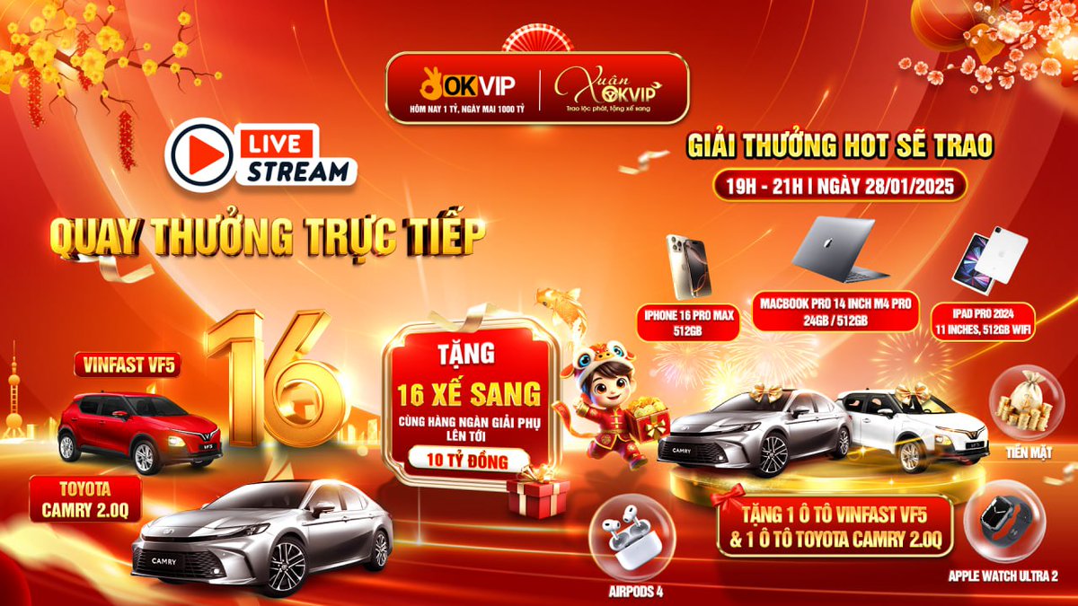 okvipl's tweet photo. 🚕 Xuân OKVIP - Trao Lộc Phát, Tặng Xế Sang 🚕

♻️ Chuỗi Super Mega Live Trao Thưởng Xe Trực Tiếp Tại Trang Chủ OKVIP chính thức khởi động từ ngày 𝟐𝟎/𝟎𝟏/𝟐𝟎𝟐𝟓 - 𝟑𝟏/𝟎𝟏/𝟐𝟎𝟐𝟓
🕖 Hẹn Gặp Bạn Lúc 𝟏𝟗:𝟎𝟎 - 𝟐𝟏:𝟎𝟎 Ngày 𝟐𝟒/𝟎𝟏/𝟐𝟎𝟐𝟓 tại phiên LIVE STREAM hoành tráng!

🔥 CƠ HỘI RINH VỀ NHỮNG GIẢI THƯỞNG ĐỈNH CAO:
🚗  𝟏 Ôtô ℂ𝕒𝕞𝕣𝕪 𝟚.𝟘ℚ
🚗  𝟏 Ôtô 𝕍𝕚𝕟𝔽𝕒𝕤𝕥 𝕍𝔽𝟝
💻 1 MacBook Pro 14 inch M4 Pro 24GB/512GB
📱 𝟐 𝕚ℙ𝕙𝕠𝕟𝕖 16 Pro Max 512GB
📱 𝟐 𝕚ℙ𝕒𝕕 Pro 2024, 11 inches, 512GB WiFi
⌚️ 𝟐 𝔸𝕡𝕡𝕝𝕖 𝕎𝕒𝕥𝕔𝕙 Ultra 2
🎧 𝟐0 AirPods 4
💵 Cùng hàng ngàn giải thưởng tiền mặt giá trị.

🚕 Đừng bỏ lỡ cơ hội đổi đời và đón Tết sum vầy cùng những phần thưởng vô cùng giá trị từ OKVIP!
🟢 Link xem Live Stream: https://t.co/xYbP3aKJ2N
🟢 Link tham gia sự kiện: https://t.co/DVnn1Kpxgr
🟢 Link trang chủ OKVIP: https://t.co/GK2pLtcZNZ
🟢 Link CSKH 24/7: https://t.co/YVEkNw94vX
🟢 Gmail: admin@okvip.com

 OKVIP - HÔM NAY 1 TỶ, NGÀY MAI 1000 TỶ! 
#OKVIP  #LiênMinhOKVIP  #TếtOKVIP  #ÔTô  #TặngXe  #XuânẤtTỵ  #MayMắn  #ChàoXuân  #XuânAnLành