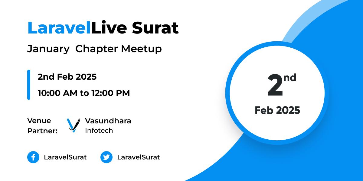 LaravelSurat's tweet image. Hello, Artisans!
Get ready for the exciting #LaravelLiveSurat Jan-25 Chapter, happening on 2nd Feb 2025 at @VasundharaVisi3
Let’s kick off the first meetup of the new year together!🎟️Book tickets now: bit.ly/LSC-Jan-25
@LaraconIN @laravelphp
#LaravelSurat #LaraconIN #PHP