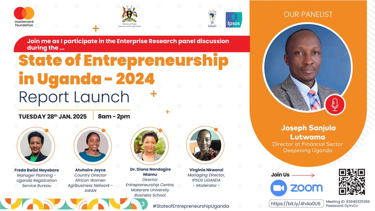 FSD Uganda (@fsduganda) on Twitter photo Happening Today:
Our Director of Programs, <a href="/jlutwama/">Joseph LUTWAMA</a> is a panelist at the launch of a report on the State of Entrepreneurship and index in Uganda - 2024. To follow the conversation, register on the link tiny.cc/ulsri.
Webinar ID: 835 6760 0471
Passcode: 399299 Happening Today:
Our Director of Programs, <a href="/jlutwama/">Joseph LUTWAMA</a> is a panelist at the launch of a report on the State of Entrepreneurship and index in Uganda - 2024. To follow the conversation, register on the link tiny.cc/ulsri.
Webinar ID: 835 6760 0471
Passcode: 399299