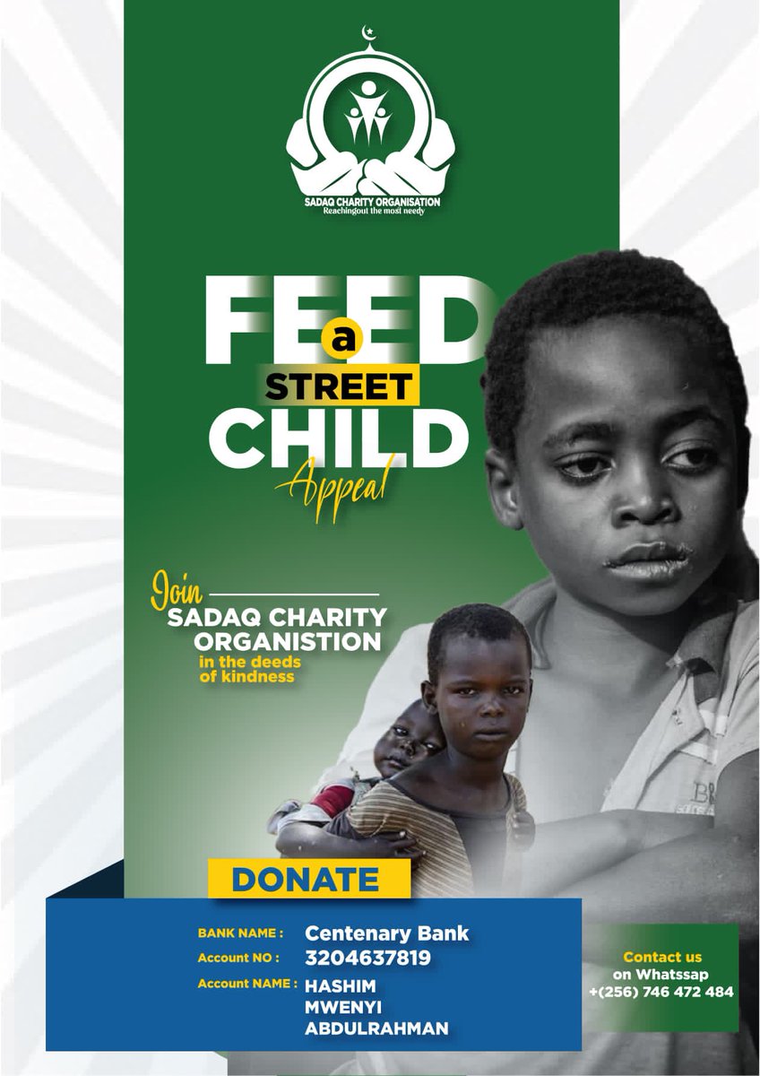 Assalam Alaikum Walahumatullah wabarakatuh brothers and sisters. Your small donation today can change and save someone's life. Donate to a street child feeding program with SADAQ CHARITY ORGANIZATION and stop starvation today in the community. Whatsapp +256746472484