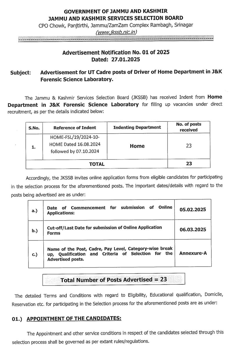 Dlatestinfo's tweet photo. JKSSB Advertisement No 1 of 2025 JKSSB 10th Pass Jobs JKSSB Driver Posts #Jkssb #Posts #jobsinjk #jobs #jammukashmir #Jkssbofficial #Jkssbjobs https://t.co/onHzV7O9wq