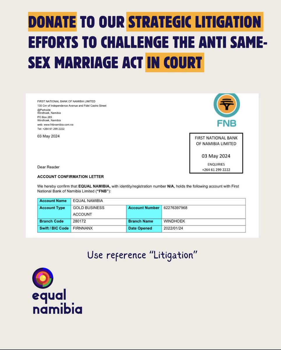 EqualNamibia's tweet photo. Together we can build an #equalNamibia for us all. Donate today. 🏳️‍🌈🇳🇦🏳️‍🌈 https://t.co/3nkjLk9tzT