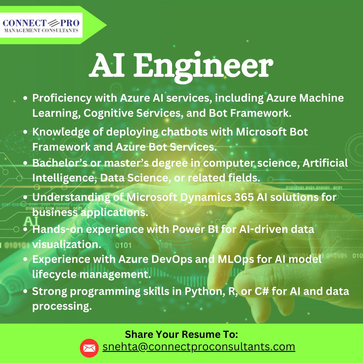 ConnectproLtd's tweet photo. #AIEngineer #Ahmedabad #Ahmedabadjobseekers #allAhmedabadlinkedinjobseekers #AzureAIservices #CognitiveServices #Python #R #PowerBI #AzureDatabricks #AzureDevOps #MLOps #apply #mustapplyThe Right Job Will Find You, Let Us Be Of Help We Can Make Your Life Better. Apply Now ! https://t.co/cxpJ7QFtpQ