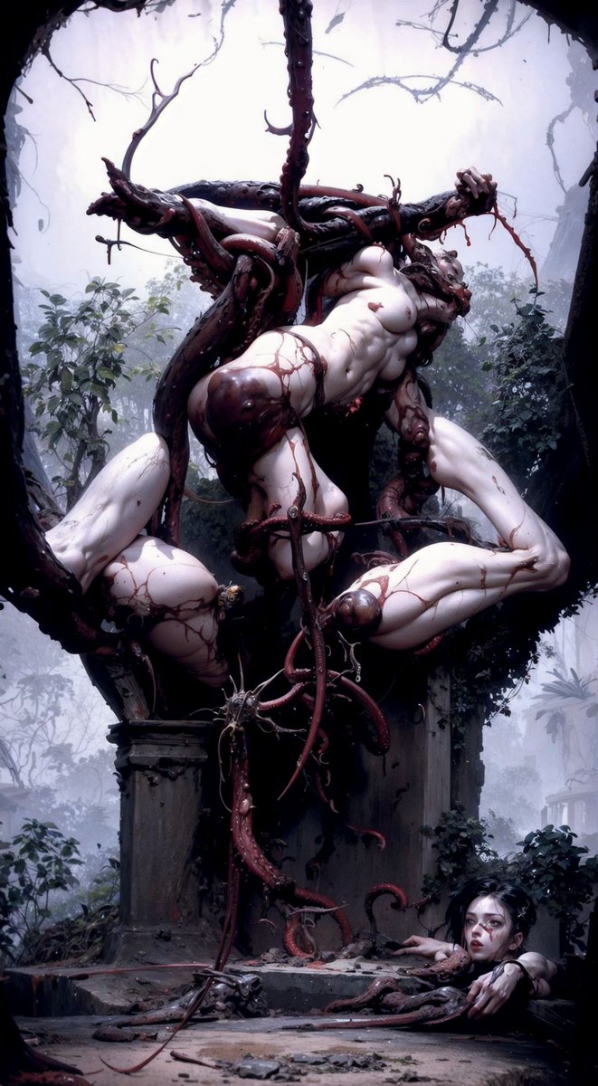 Polygonist's tweet image. IN THE FLESH 3 (Disco Diffusion 2022 + Stable Diffusion (Automatic 1111) 2024 /Lora/Lustermix) #stablediffusion #discodiffusion #kiart #aiart #flesh #sodom #hardcore #abstract