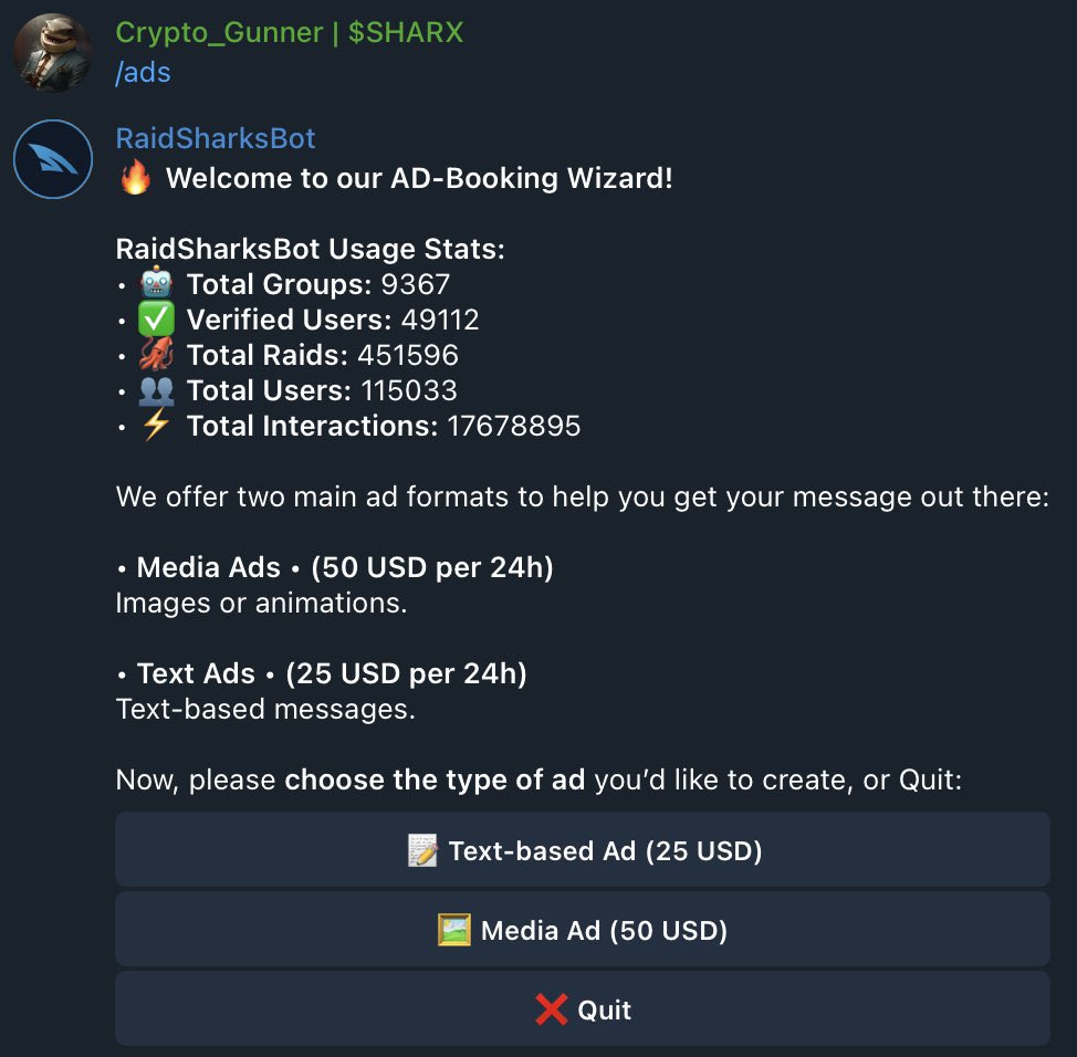 Soundboy_Kelvin's tweet photo. I completely agree with my friend @DeathWishCrpto about the incredible benefits of the @RaidSharks Bot!

With the RaidSharks Bot Ads, you can supercharge your marketing efforts on one of the largest advertising platforms for communities and projects.

Easily book text-based or media banner ads to showcase your project’s marketing messages across 10k+ Telegram groups, reaching over 51k verified users, all at an affordable price.

It’s a powerful way to connect with the right audience and attract potential clients on Telegram for your project

To get started, simply install the RaidSharks Bot and use the command /ads, or follow the provided deep link.

https://t.co/45kbExdvD9