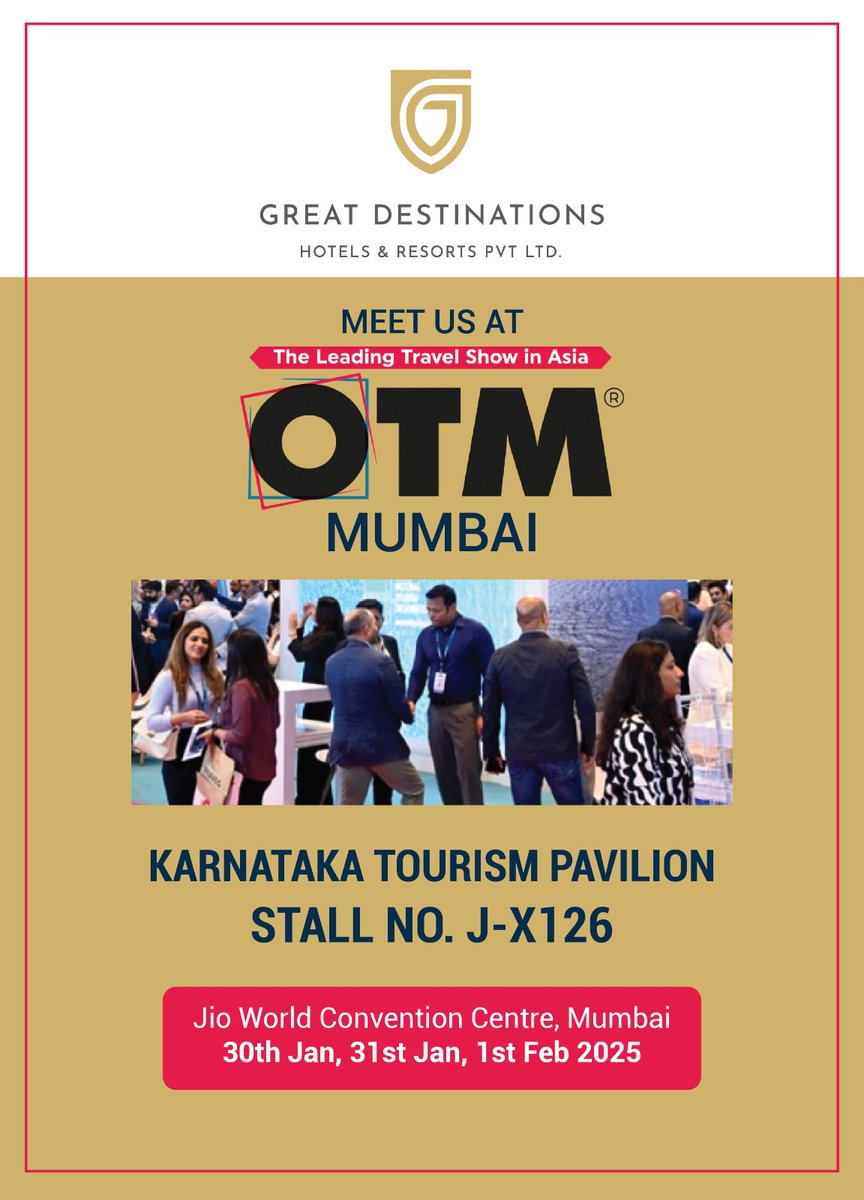 HotelsMyspace's tweet photo. Meet Great Destinations Hotels &amp; Resorts at OTM Mumbai

Find us at: Karnataka Tourism Pavilion, Stall no. J-X126

Venue: Jio World Convention Centre, Mumbai
Dates: 30th Jan, 31st Jan &amp; 1st Feb 2025

#GreatDestinationsHotels  #TravelShow   #KarnatakaTourism #OTM2025 #MySpaceHotels https://t.co/L7aTicBtGD