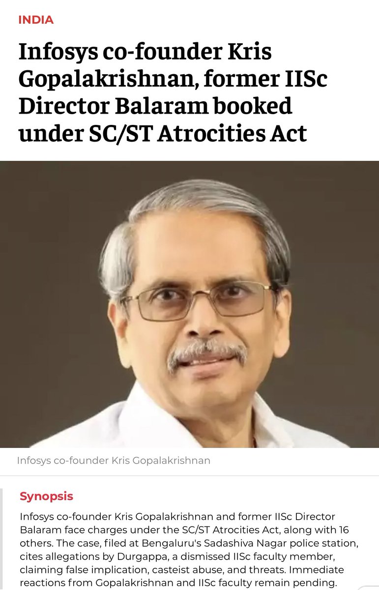 neha_laldas's tweet photo. Classic case of misuse of SC/ST act!
Infosys co-founder & Padma Bhushan awardee Kris Gopalakrishnan has been booked under SC/ST act in a 10 yr old case!

17 others, including IISc former Director Balaram, Director Govindan Rangarajan, Sridhar Warrier & Sandya Vishwswaraih have been booked, along with Kris.