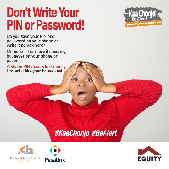 KeEquityBank's tweet photo. If your password is someplace where you can't see it, then that is one step toward security. Usiweke password kwa wallet, kaa chonjo!​

​#ChukuaHatua #KaaChonjo #BeAlert https://t.co/sMdSFV5qpZ