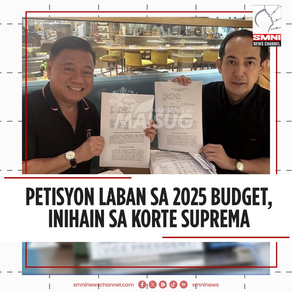 smninews's tweet photo. PETISYON VS. 2025 BUDGET, INIHAIN NA SA KORTE SUPREMA
Isang petisyon ang inihain sa Korte Suprema na humihiling na ipawalang-bisa ang 2025 national budget na tinawag na ilegal, labag sa Konstitusyon, at may bahid ng katiwalian.
(1/3) https://t.co/qFvXcZhZjK