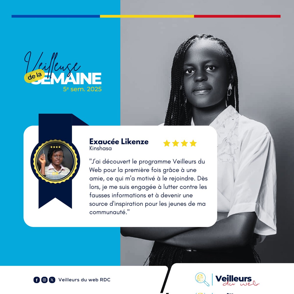 veilleursduweb's tweet photo. De la passion à la concrétisation, passionnée par le digital et dotée de bases en community management, elle rêve de créer un centre de formation pour initier les jeunes filles au design.

Exaucée Likenze, notre veilleuse de la semaine, réside à Kinshasa. Étudiante en gestion des entreprises et organisation du travail (niveau BAC+2), elle a transformé sa passion pour le volontariat en une véritable mission en rejoignant le programme Veilleurs du Web RDC.

Motivée par ses amies déjà dans le programme, elle s’est décidée à le rejoindre avec la détermination de lutter et de traquer les fausses informations ainsi que les violences en ligne, comme elles. Ces compétences lui permettent aujourd’hui de mener des actions positives pour sa communauté sur les réseaux sociaux.

Tu sais quoi ? 😊 Exaucée a développé des compétences en design et a réussi à inspirer les jeunes de sa communauté. Elle a également adopté la pratique de vérifier les informations et d’analyser les offres d’emploi avant de les partager, un comportement exemplaire que tous les internautes devraient suivre.

Clique sur ce lien pour lire l'une des informations analysées par Exaucée : https://t.co/NfzeLORBUe

#VDWSemaine