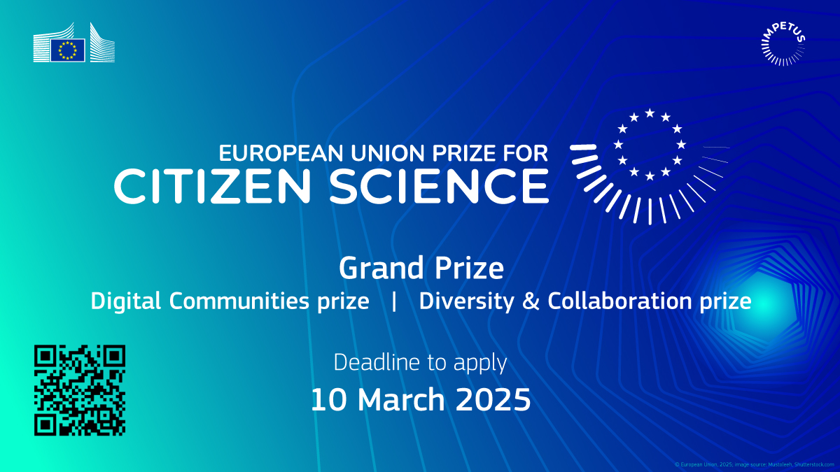 The EU Prize for #CitizenScience is open for applications!

We're looking for initiatives addressing social, political, cultural, &amp; environmental challenges through the involvement of citizens

Prizes go from €60,000 to €20,000

Apply by 10 March 
👉 europa.eu/!fGvJxt