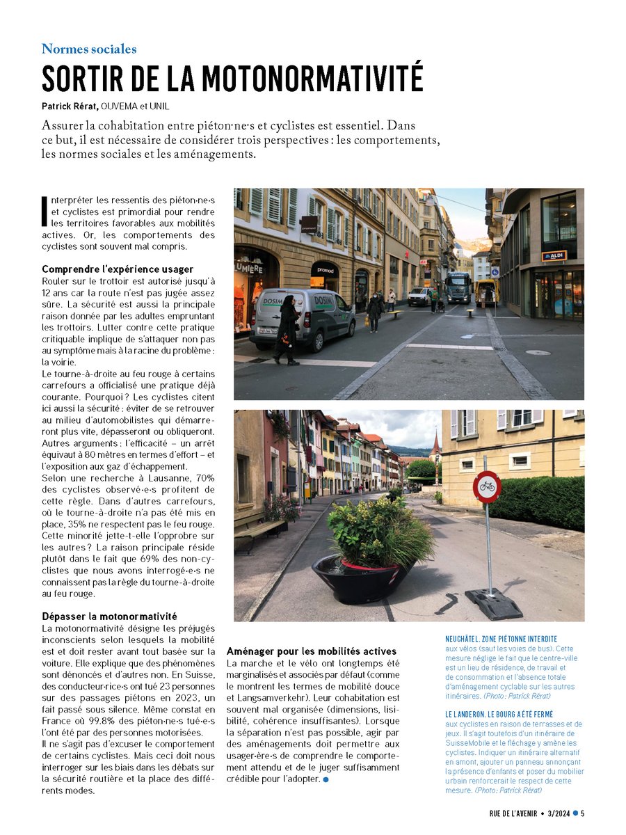 "Sortir de la motonormativité" 🚲 🚶‍♀️ 🧑‍🦽

Comment assurer la cohabitation en piéton-nes et cyclistes?

➡️ Comprendre les comportements
➡️ Dépasser la #motonormativité
➡️ (Ré)aménager la voirie

Dans le Bulletin de Rue de l'Avenir

serval.unil.ch/resource/serva…