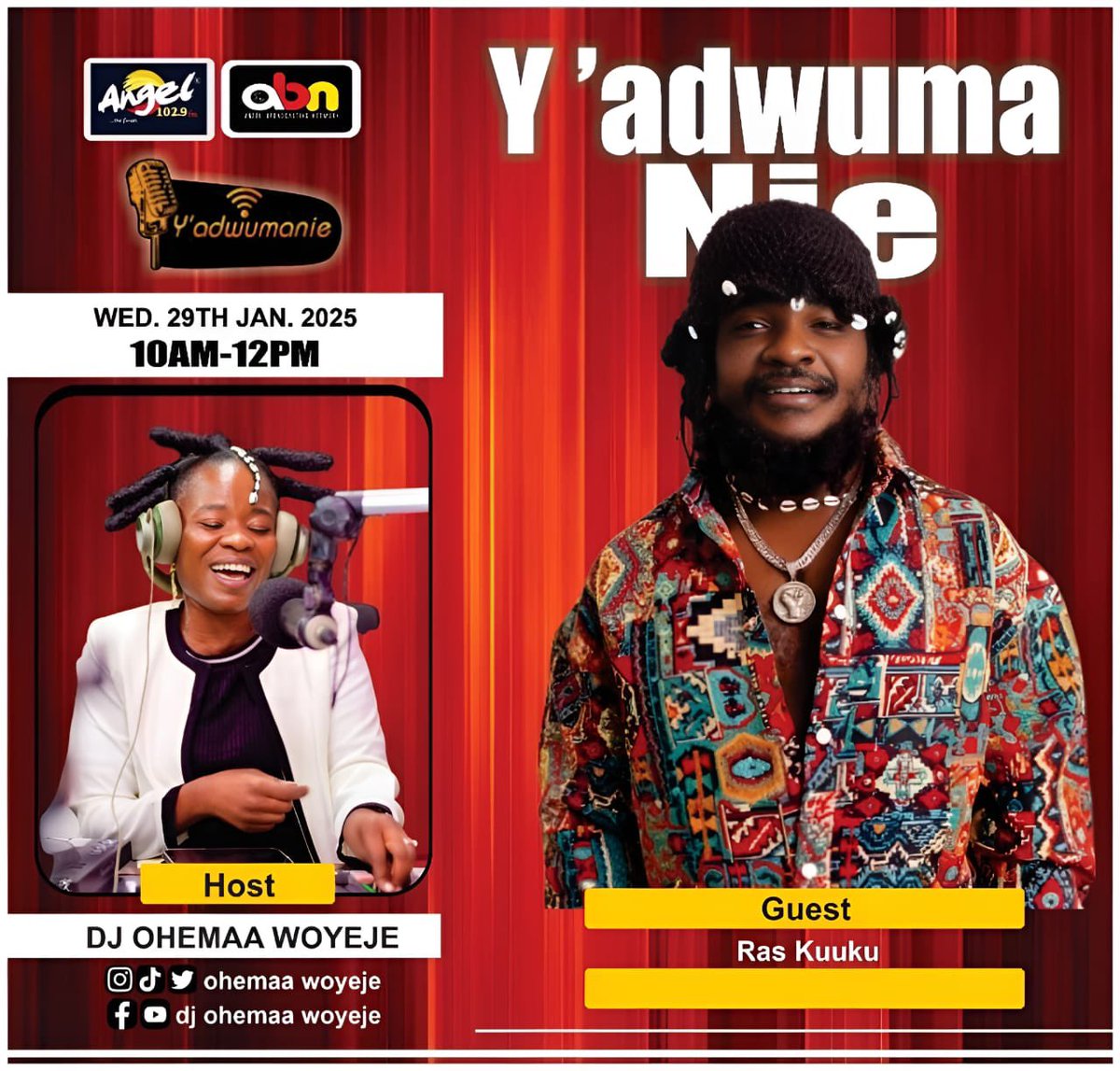 RasKuuku (@raskuuku) on Twitter photo With the Queen <a href="/ohemaawoyeje/">DJ Ohemaawoyeje</a> on <a href="/angel1029fm/">angel pacheco </a> β¦Tomorrow
We Talking about the two Big reggae Tunes released last year
#RoadOfEvil
#Tumi <a href="/ElormBeenie/">Elorm Beenie</a> <a href="/fiifiadinkra/">Fiifi Adinkra</a> With the Queen <a href="/ohemaawoyeje/">DJ Ohemaawoyeje</a> on <a href="/angel1029fm/">angel pacheco </a> β¦Tomorrow
We Talking about the two Big reggae Tunes released last year
#RoadOfEvil
#Tumi <a href="/ElormBeenie/">Elorm Beenie</a> <a href="/fiifiadinkra/">Fiifi Adinkra</a>