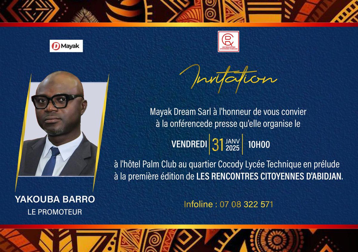 🔝  𝙇𝙀𝙎 𝙍𝙀𝙉𝘾𝙊𝙉𝙏𝙍𝙀𝙎 𝘾𝙄𝙏𝙊𝙔𝙀𝙉𝙉𝙀𝙎 𝘿'𝘼𝘽𝙄𝘿𝙅𝘼𝙉 🇨🇮🧡 
🔜 𝘾𝙊𝙉𝙁𝙀𝙍𝙀𝙉𝘾𝙀 𝘿𝙀 𝙋𝙍𝙀𝙎𝙎𝙀
📅 Vendredi 31 janvier 2025
⏱️ 10H
📍 Palm Club Abidjan