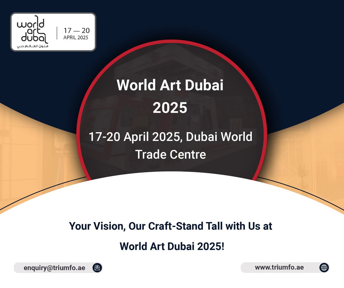 🌟 Unleash Your Inner Art Lover at World Art Dubai 2025! 🎉

🎨 Dubai’s most anticipated art event awaits! Let’s celebrate the beauty of expression together. 💫

Visit: triumfo.ae/world-art-duba…

#worldartdubai2025 #ArtisticDubai #customboothdesign #customstanddesign #exhibition