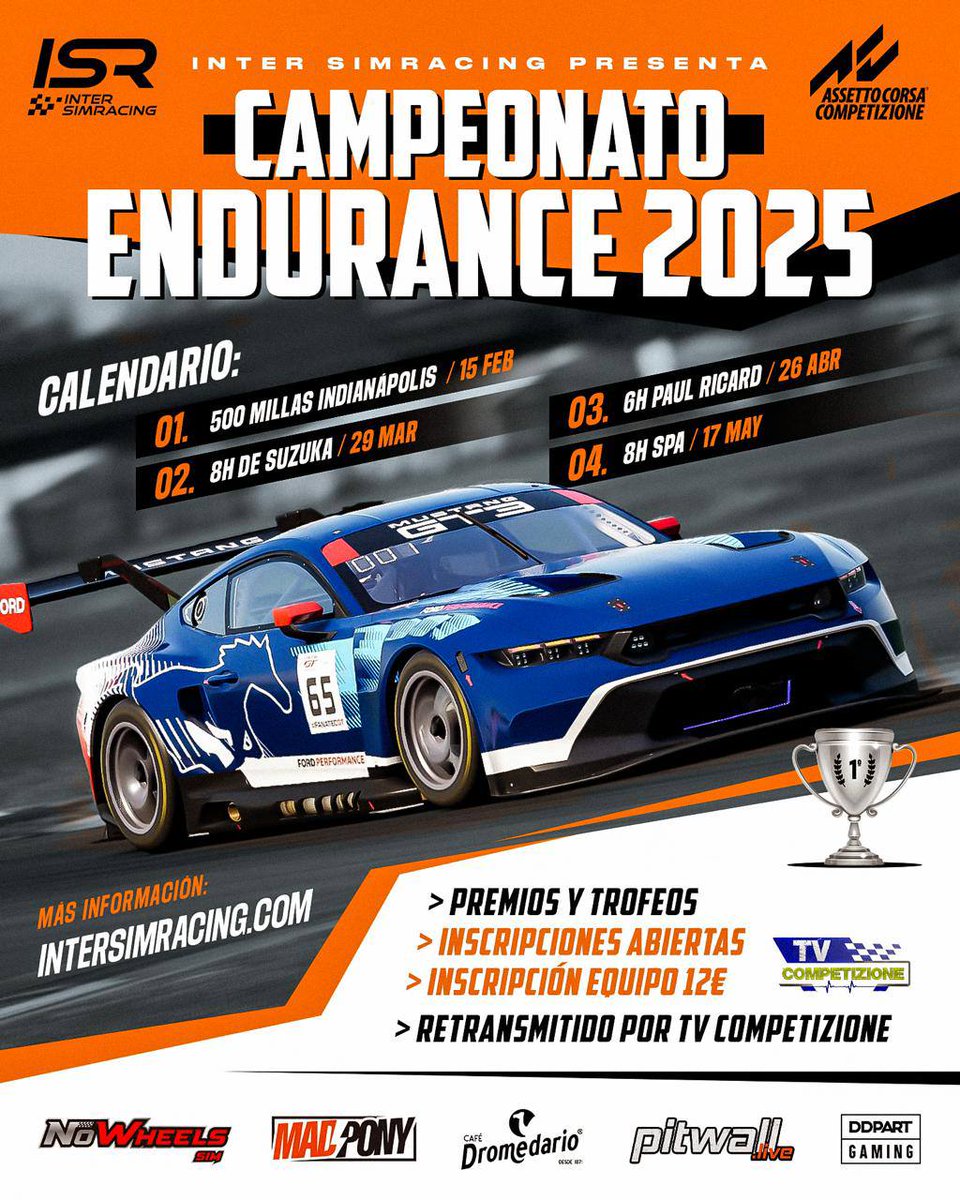 AVISO
Viernes 7 de Febrero ultimo día de inscripciones en el Campeonato Endurance 2025
Si en ese día no hubiera la cantidad de equipos suficiente para un campeonato atractivo se procedería a su cancelación
Os animamos a realizar la inscripción antes de la fecha límite
Gracias