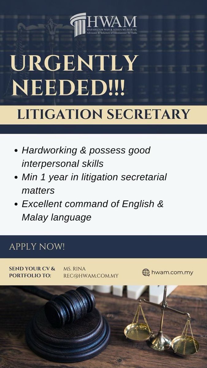 datukwanazmir's tweet photo. 🚨 Urgently hiring a Litigation Secretary! 

Join our dynamic team and showcase your skills in task management, file handling, and media-savvy work. 

📩 Apply now: rec@hwam.com.my

#LitigationSecretary #HiringNow #LegalJobs #lawjobs #jobs #hiring #vacancy #jobs https://t.co/e4X7CCaIm5
