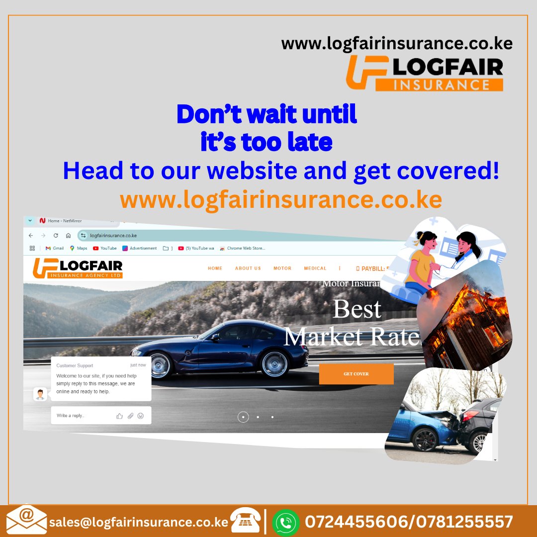 LogfairI's tweet photo. Don't wait until it's too late! 🚗🏠💼 Secure your future with Logfair Insurance today. Get the best market rates and reliable coverage. Visit https://t.co/LqkN7P5oiA now or contact us at 0724455606 / 0781255557. #StayCovered #LogfairInsurance https://t.co/rOtVjjN86g
