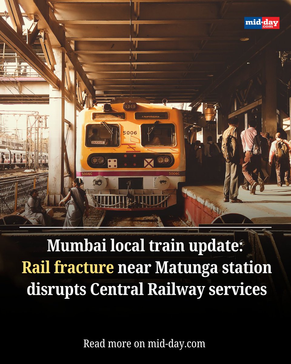 mid_day's tweet image. Commuters on the Central Railway in Mumbai complained of extensive delays during the morning rush hour due to a rail fracture near Matunga station. This caused the trains getting delayed by 10 to 15 minutes.

Via: @rajtoday 

#LocalTrain #Mumbai #Railway
