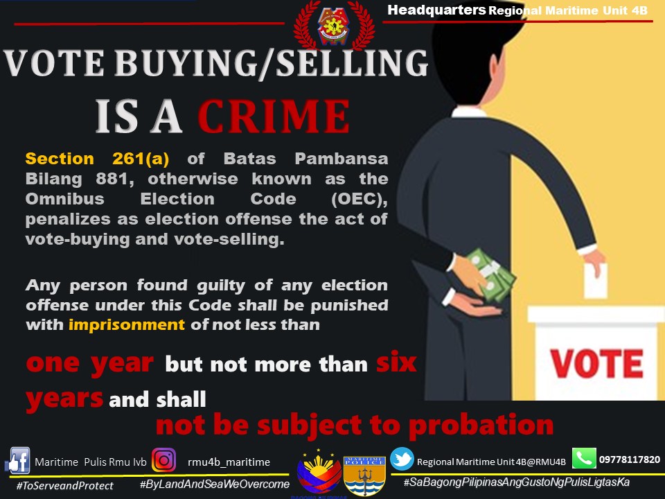 RMU4B's tweet photo. 𝐕𝐎𝐓𝐄 𝐁𝐔𝐘𝐈𝐍𝐆/𝐒𝐄𝐋𝐋𝐈𝐍𝐆 𝐈𝐒 𝐀 𝐂𝐑𝐈𝐌𝐄

#BagongPilipinas
#ToServeandProtect
#SaBagongPilipinasGustoNgPulisLigtasKa
#ByLandAndSeaWeOvercome https://t.co/2aoR2AmiCw
