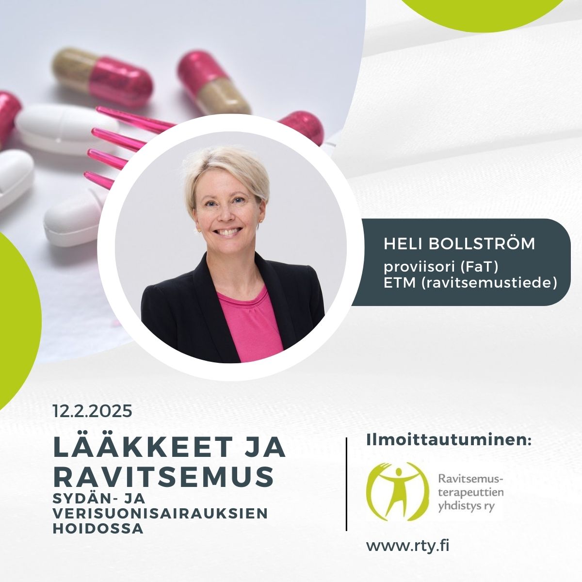 Vielä ehtii mukaan webinaariin: Lääkkeet ja ravitsemus sydän- ja verisuonisairauksien hoidossa 12.2.2025 klo 13–15! Koulutuksessa opit uutta lääkevaikutuksista, ravinnon roolista ja potilasohjauksesta. Ilmoittaudu: rty.fi/toiminta/muu-k… #ravitsemus #täydennyskoulutus