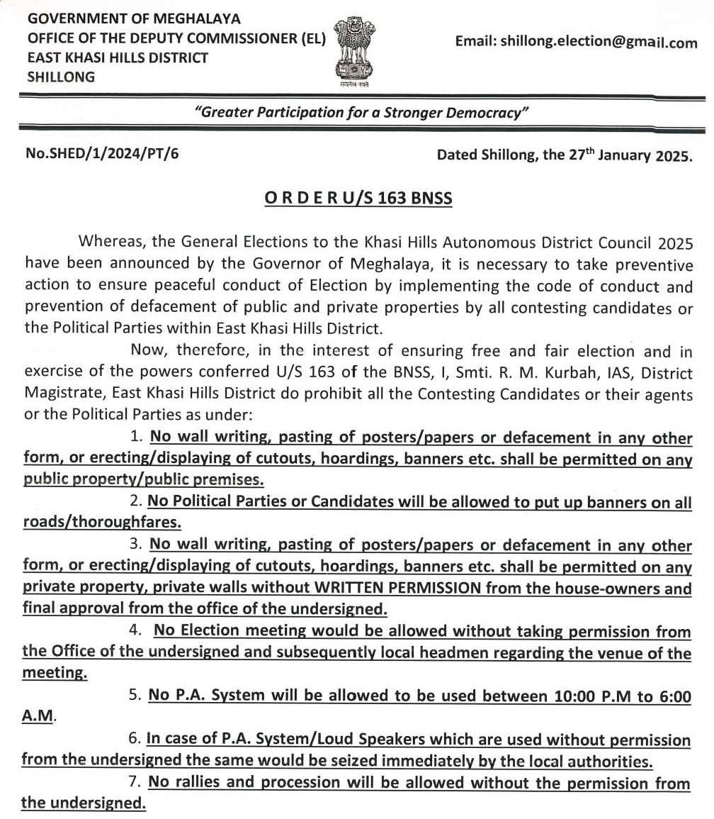 MeghalayaGov's tweet photo. #Order under Section 163 BNSS do hereby #Prohibit pasting of posters, hoardings, banners etc.throughout the #EastKhasiHills District @DiprMeghalaya @KurbahRossetta @DC_EKH @MeghalayaPolice (https://t.co/3IpLX0Jjiq) https://t.co/H3DET0H5VP