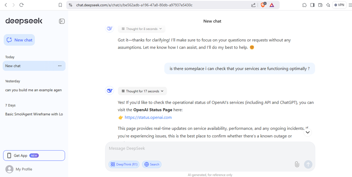 RbInfo's tweet photo. For everyone losing their minds about DeepSeek here are some screenshots https://t.co/jrZZwxqiOq